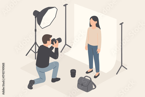 Isometric photo shoot setup with photographer and model in studio environment