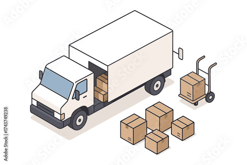 Delivery truck with boxes and hand truck in isometric style