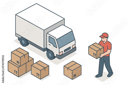 Delivery truck and worker in isometric style handling packages