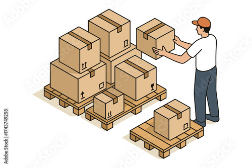 Warehouse worker arranging cardboard boxes on pallets in isometric style