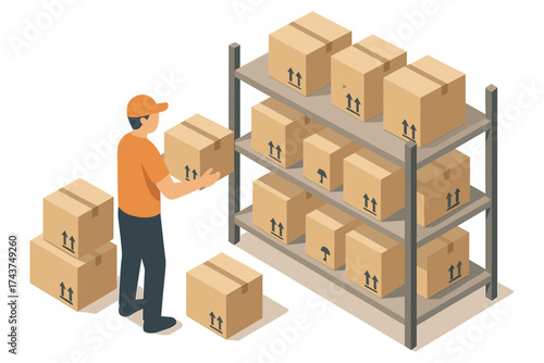 Warehouse worker organizing boxes on shelf in isometric style