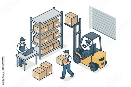 Modern warehouse operations isometric design with workers and forklift