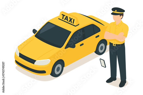 Isometric yellow taxi cab with driver standing nearby in uniform