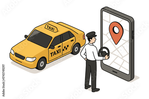 Isometric taxi app concept with driver and smartphone map interface