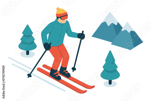 Isometric winter sports scene with skiing and mountain elements