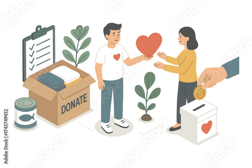 Charity concept with people donating and sharing heartwarming gestures in isometric style