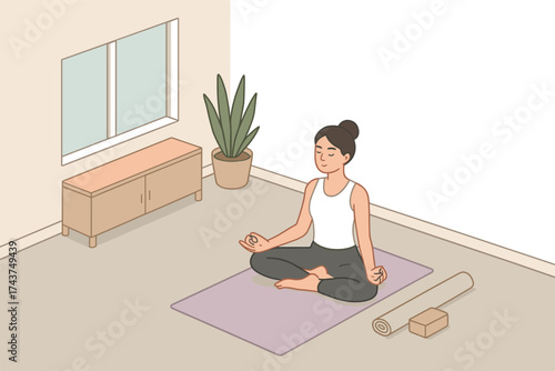 Woman practicing yoga at home in minimalist room with meditation pose and indoor plant