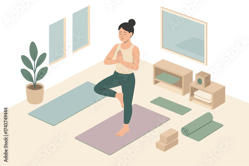 Woman practicing yoga in tranquil home setting with minimalist decor for relaxation and balance