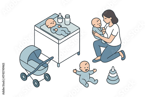 Isometric illustration of mother and babies in nursery with toys and stroller