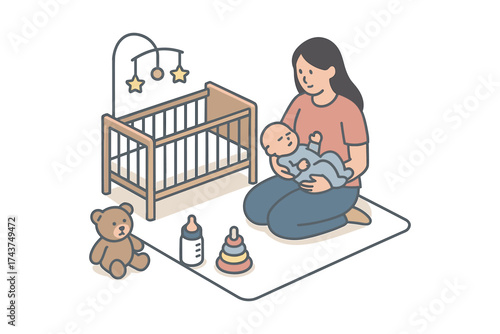 Isometric mother and baby in nursery with crib, toys, and bottle