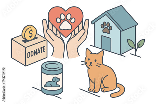 Pet charity icons: donation box, cat, heart hands, animal shelter