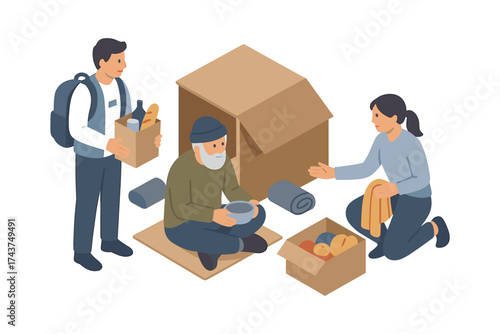 Isometric charity scene: volunteers supporting a homeless person with food and essentials