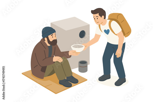 Compassion and generosity: man helping homeless person with a meal