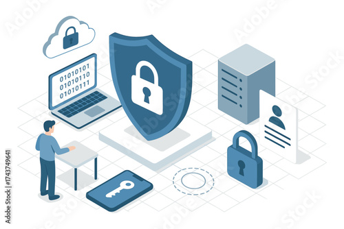 Secure data protection: isometric design of cybersecurity elements with padlock and technology icons