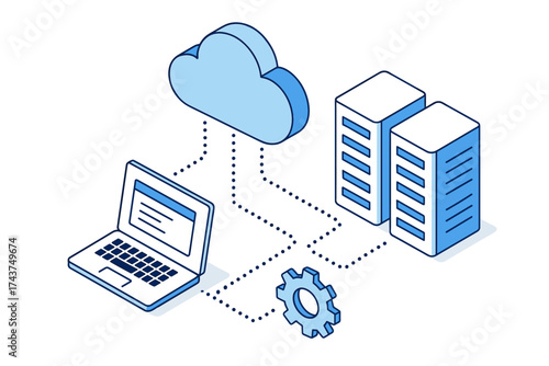 Isometric cloud computing illustration with laptop and server connection