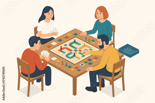 Family game night with friends playing board game in cozy setting