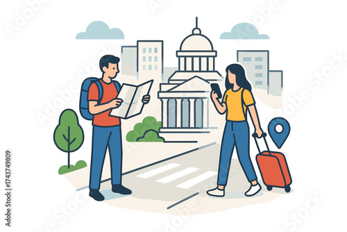 Tourists exploring city with map and smartphone in urban setting