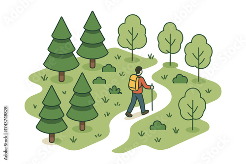 Isometric nature hike: backpacker walking on forest trail with trees