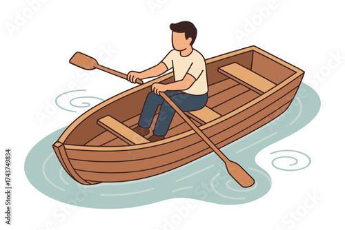 Person rowing a wood boat in calm waters with minimalistic style