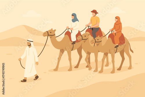Desert tour: camel caravan with tourists in traditional attire in a sand dune landscape