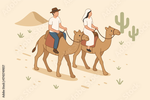 Desert camel ride: isometric scene with travelers in traditional clothing
