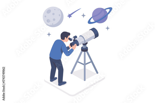 Isometric astronomy enthusiast observing moon and planets with telescope