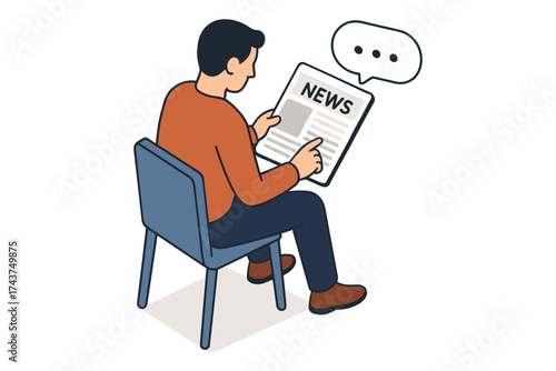 Person reading newspaper with dialogue bubble in isometric design