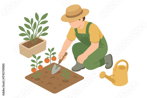 Gardener planting in a vegetable garden in isometric style with watering can