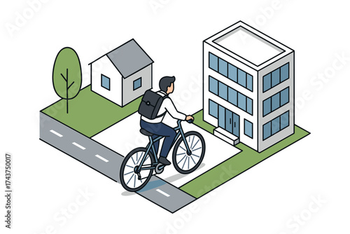 Isometric urban commute: cyclist on road next to modern buildings