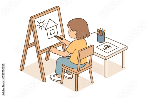 Child drawing on easel in cozy room with colorful supplies