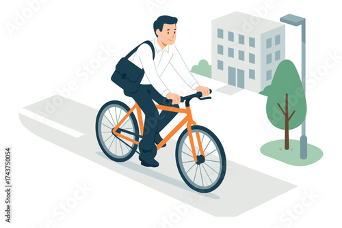 Businessman commuting on bike through city street in modern isometric style