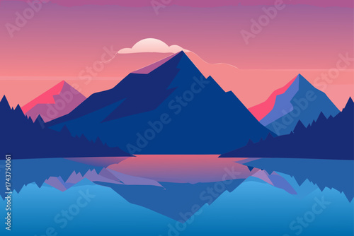 Mountain Landscape Reflected in Calm Lake at Dawn