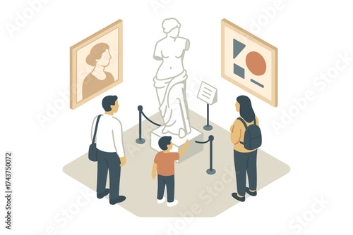 Family exploring art museum exhibit with classical sculpture and paintings