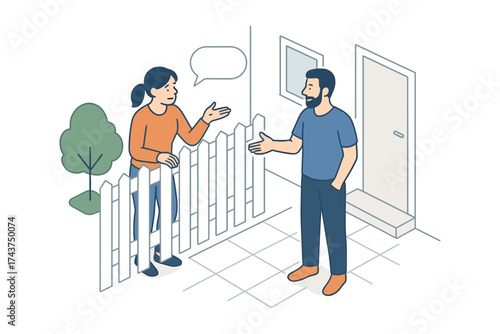 Neighbors chatting over fence in minimalistic isometric design