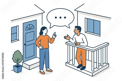 Friendly neighborhood conversation between two people in simple outline style