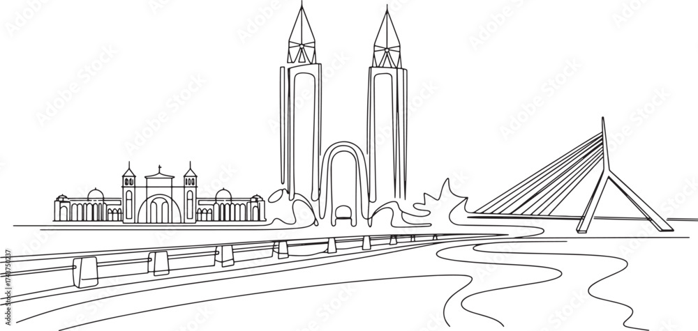 Fototapeta premium Dhaka Skyline Illustration Continuous Line Art Architecture on Transparent