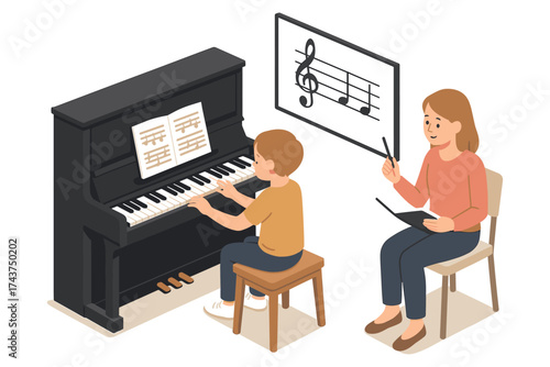 Isometric music lesson with piano and teacher in classroom setting