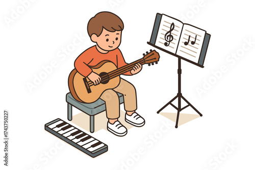 Child playing acoustic guitar with musical notes and keyboard in isometric style