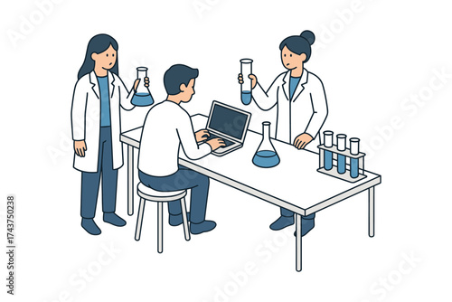 Team of scientists working in laboratory with chemicals and laptop