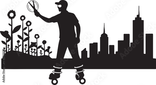 Silhouette of a person on rollerblades painting a vibrant garden with sunflowers against a backdrop of a city skyline