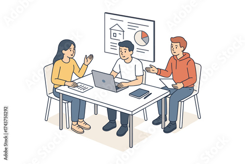 Colleagues engaging in a team meeting with laptops and presentation charts