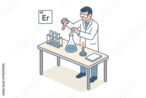 Scientist conducting lab experiment in isometric style with erbium element