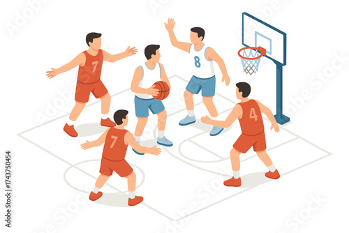 Basketball court isometric scene with players in action and defense strategy