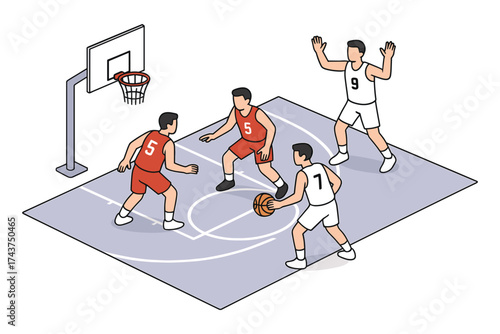 Basketball game strategy in action on isometric court with players