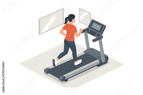 Woman exercising on treadmill in modern gym isometric style