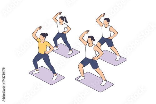 Isometric group exercise class with diverse people on yoga mats