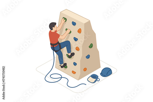 Isometric indoor rock climber on artificial wall