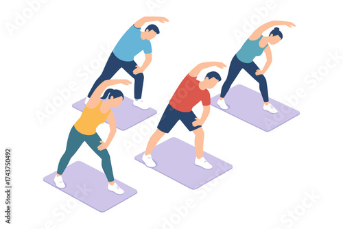 Group exercise class with people stretching on mats in isometric style