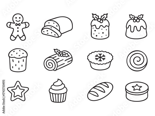 christmas bakery line icons set