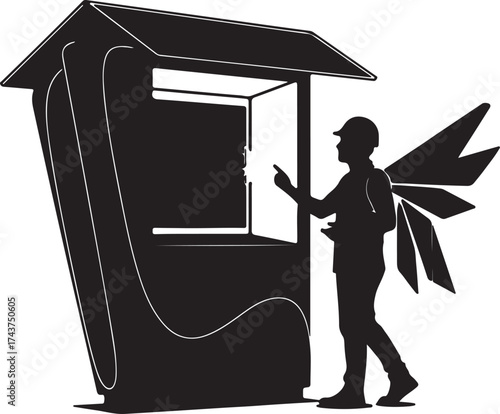 Silhouette of a whimsical winged figure interacting with a futuristic kiosk or information booth in a stylized artistic representation